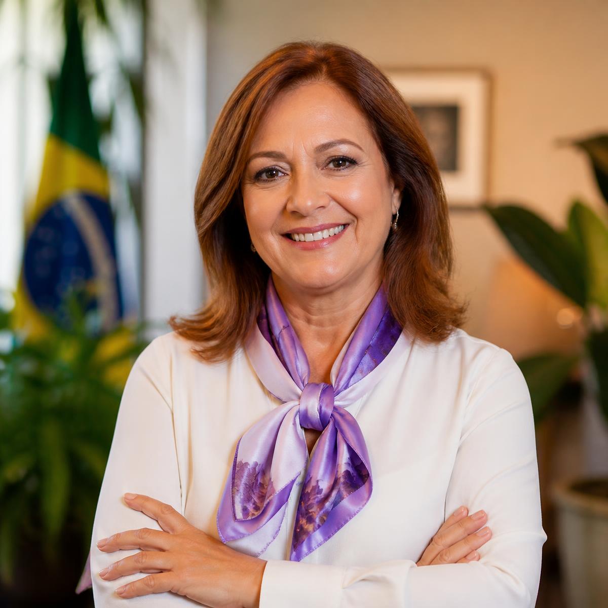 Regina Maura, médica e pré-candidata a Deputada Federal por São Paulo, sorrindo com lenço lilás